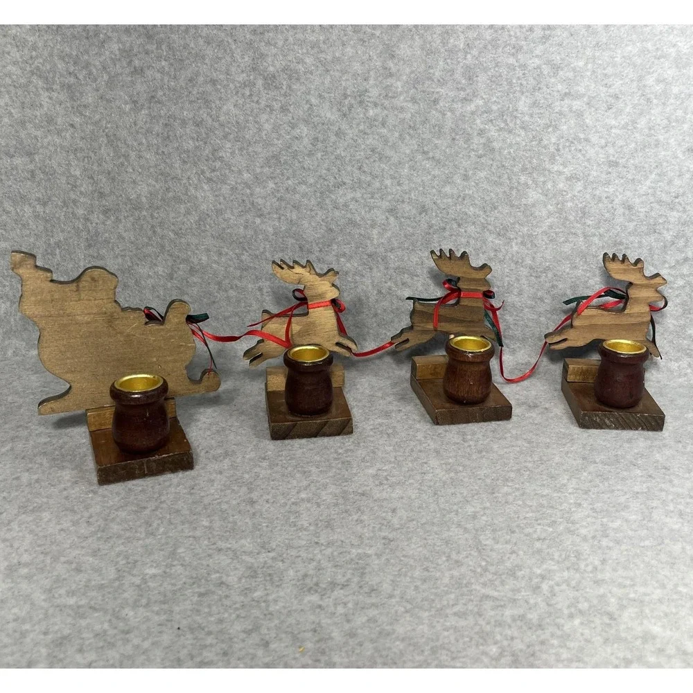 Vintage Christmas Around the World Wood Sleigh Reindeer Taper Candle Holders Set